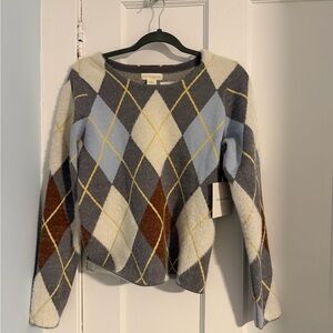 Cynthia Rowley Argyle Crewneck Sweater in Gray, Blue & Cream